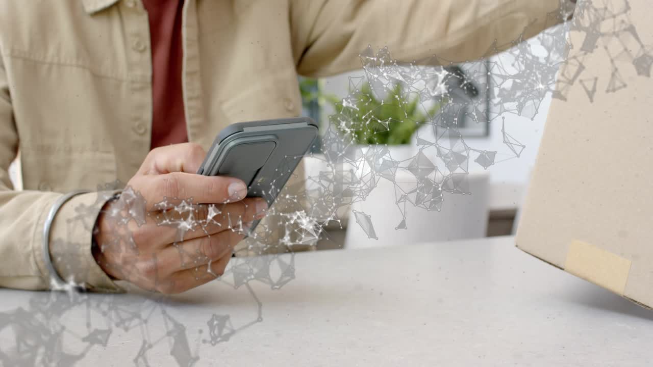 Man tapping smartphone, reaching box as shattered overlay intensifying, confirming ecommerce order