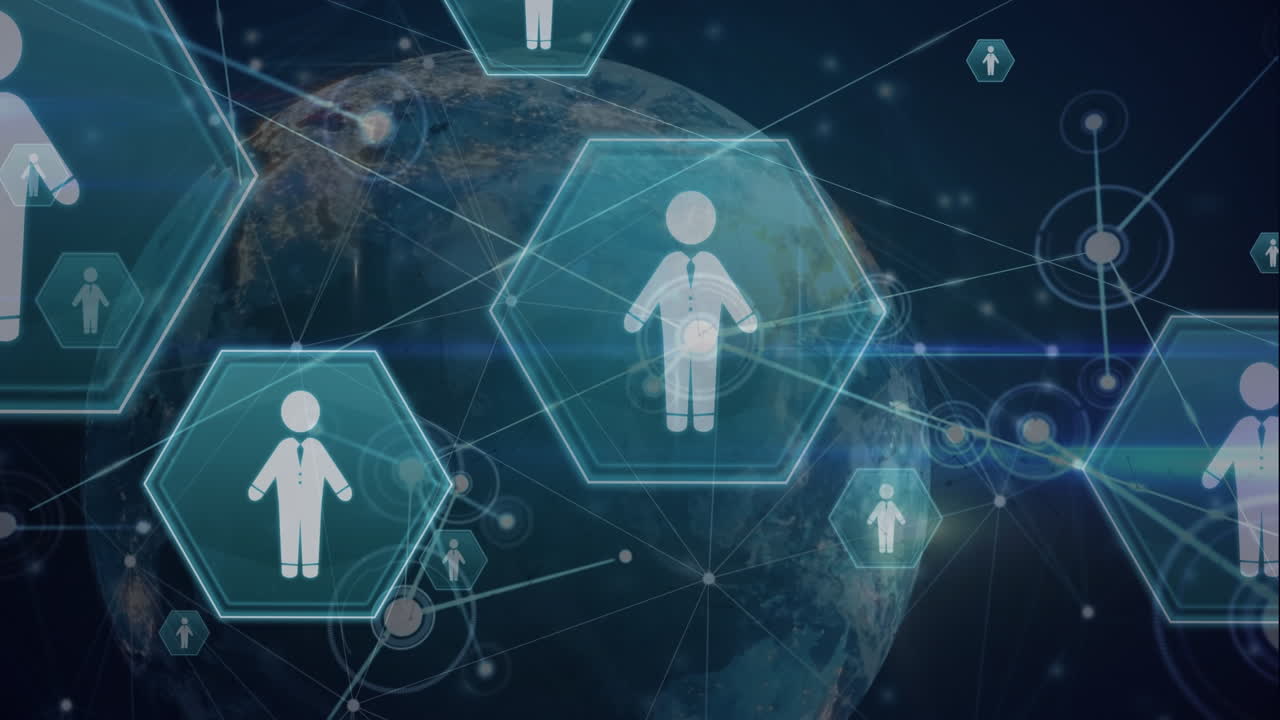 검은 바탕에 전 세계에 있는 아이콘으로 연결된 네트워크의 애니메이션