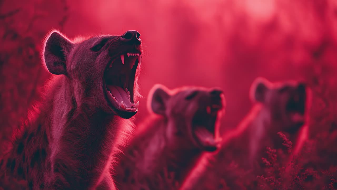 A Vivid Depiction of Hyenas Displaying Their Ferocious Roars in a Dramatic Red-Hued Environment, Captured from Two Unique Angles in a Mesmerizing Video Sequence