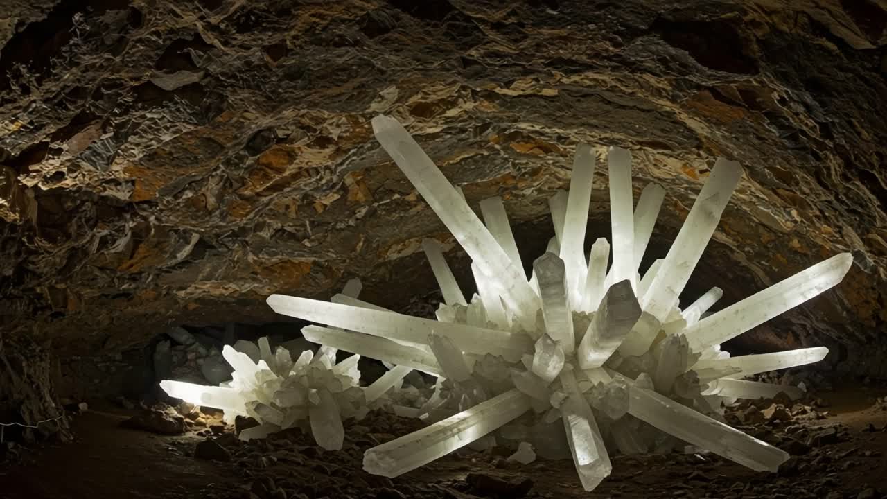 Majestic Crystal Formations Illuminated in an Underground Cave, Showcasing the Stunning Natural Beauty and Geometric Complexity of Mineral Structures
