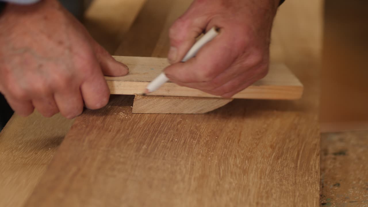Marking an Angle Line on Timber with a Pencil before cutting a joint.