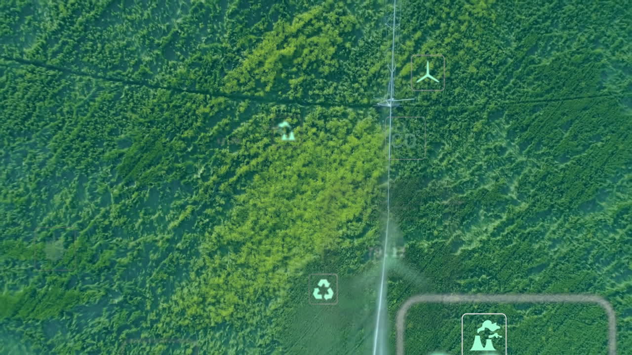 Animation of eco icons and data processing over landscape