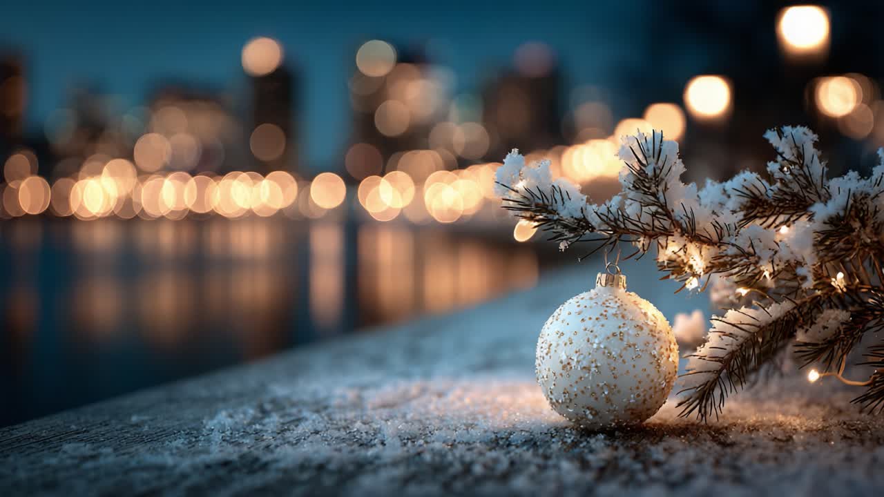 A Glimmering White Ornament on a Snowy Surface Surrounded by Glowing Lights Captures the Magic of Winter Evenings and the Festive Spirit of the Holiday Season