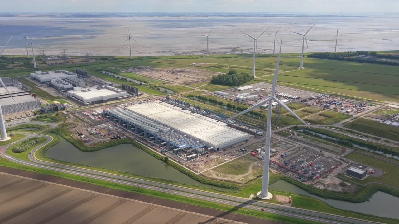 Drone shot of hyperscale computing facility at Eemshaven, Netherlands