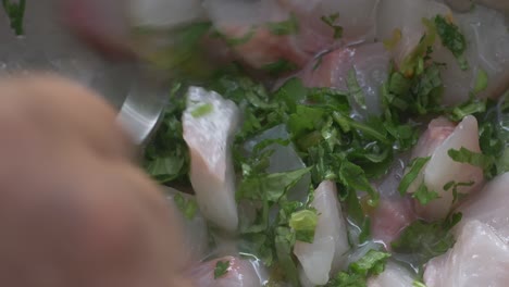 Agregando-Cilantro-Y-Jugo-De-Lima-Al-Pescado-Para-El-Ceviche