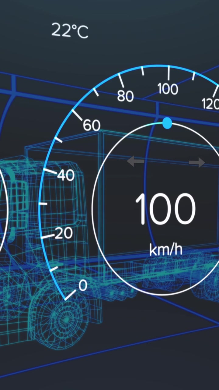 Animation of interface with charging battery icon and speedometer over truck