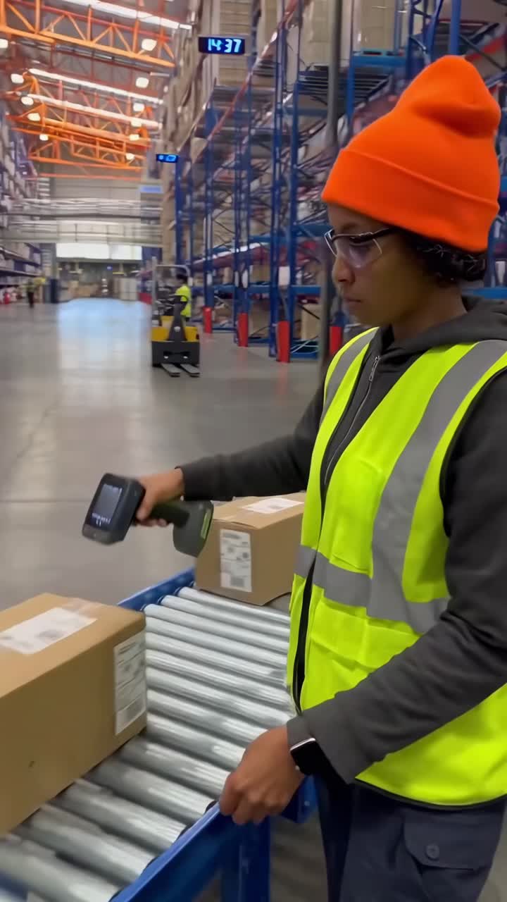 Warehouse video: worker scans boxes, high-angle shot, industrial setting, vibrant colors