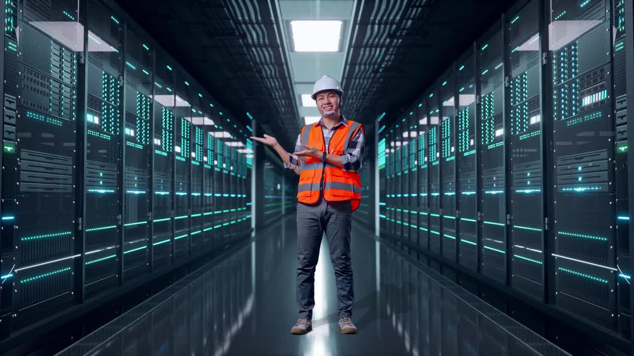 Full Body Of Asian Male Engineer With Safety Helmet Smiling And Pointing To Side While Standing in Server Room Data Center