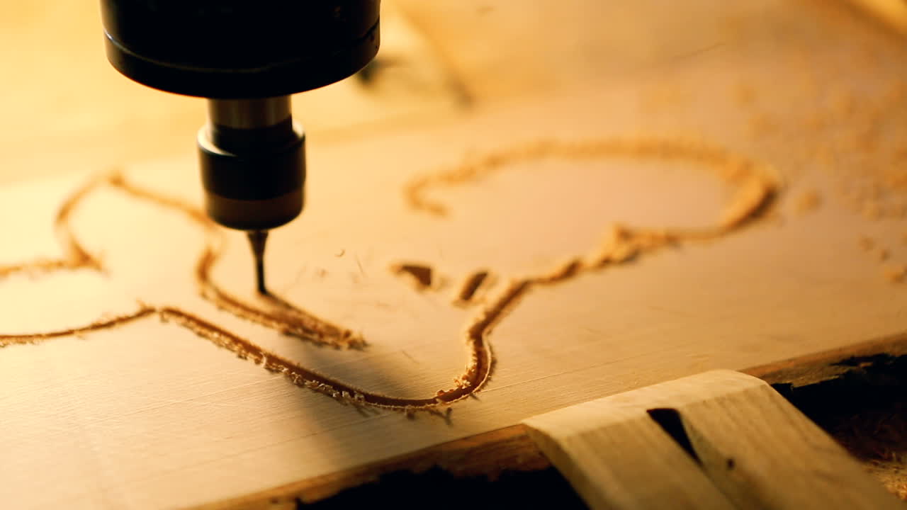 Wood Cut Machine With Drill Is Cutting Out Wooden Molds. Industrial wood cut machine with drill is cutting out wooden molds. Small business concept