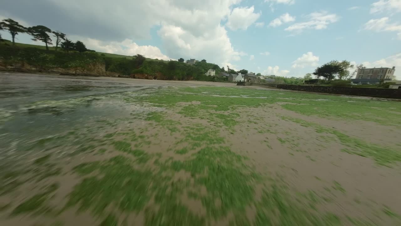Ris Beach In Douarnenez At Low Tide In Brittany, France. FPV Shot