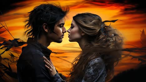 couple gazing at each other against a dramatic sunset background