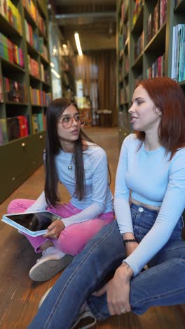 dos amigos hablando en una biblioteca