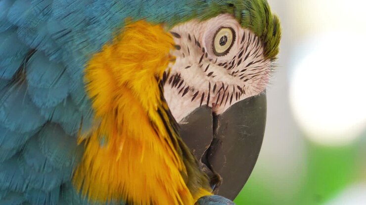 Close up of macaw blue and yellow parrot in 4K slow motion 60fps