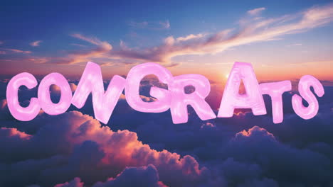 pink 'congrats' balloons in a cloud-filled sky