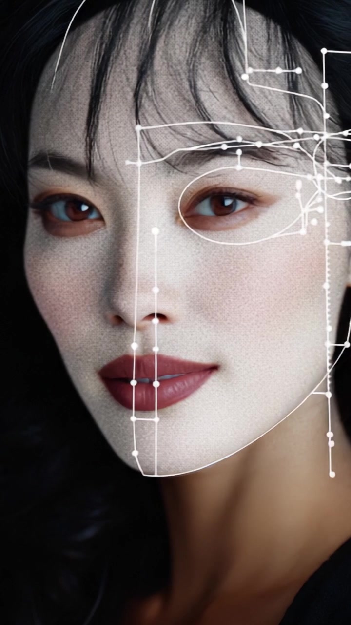 探索現代數碼美學：一位女子的特寫肖像，以圖形元素點綴，突顯面部特徵和線條