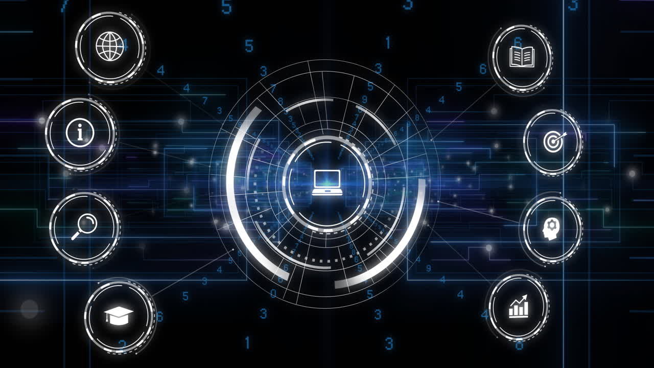 Animation of data processing and icons on black background