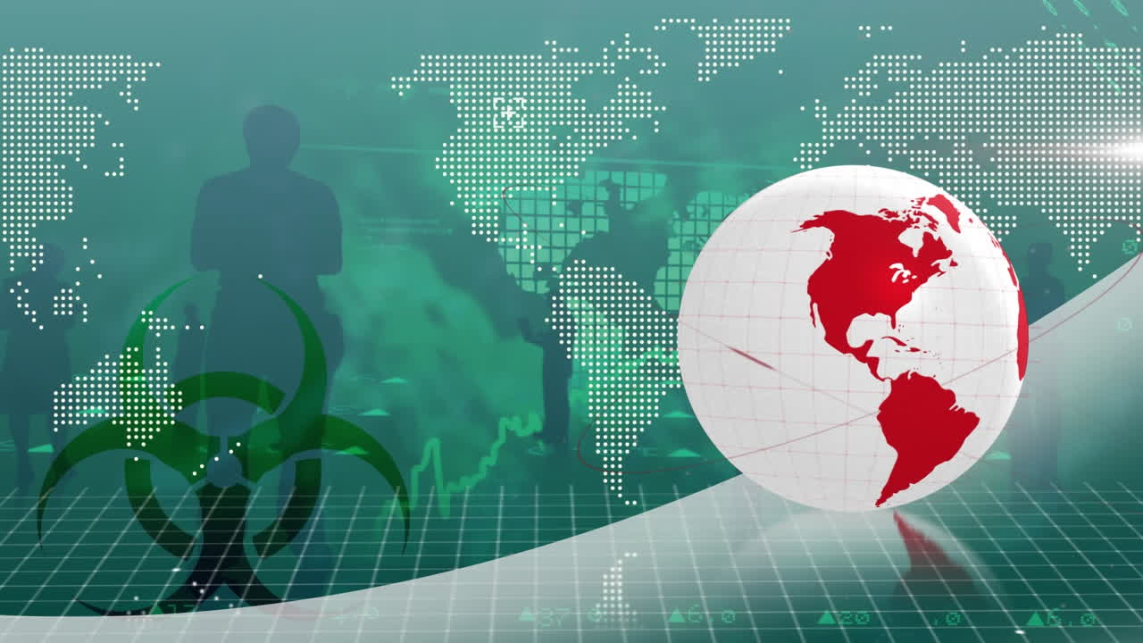 비즈니스 사람들과 함께 지구와 세계 지도에 대한 데이터 처리 애니메이션