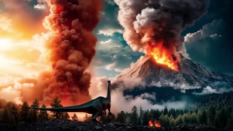 a dinosaur walking in front of a volcano erupting lava