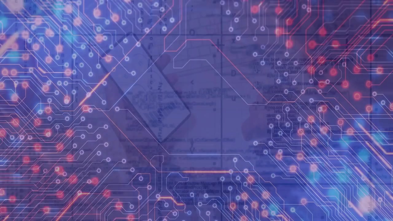 Beginning with hexagon on grid, circuit traces emerging, nodes pulsing forming digital network web