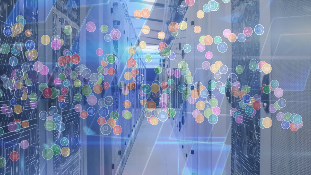 블루 스크린과 백그라운드의 컴퓨터 서버에서 디지털 아이콘의 애니메이션