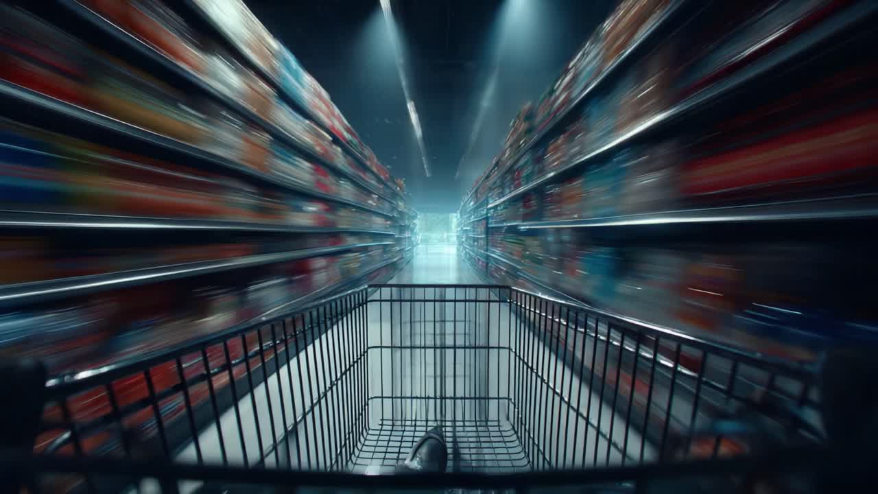 A Dynamic Journey Through A Grocery Store Aisle as a Shopping Cart Moves Swiftly, Capturing the Essence of Shopping and Consumer Experience in a Modern Retail Environment