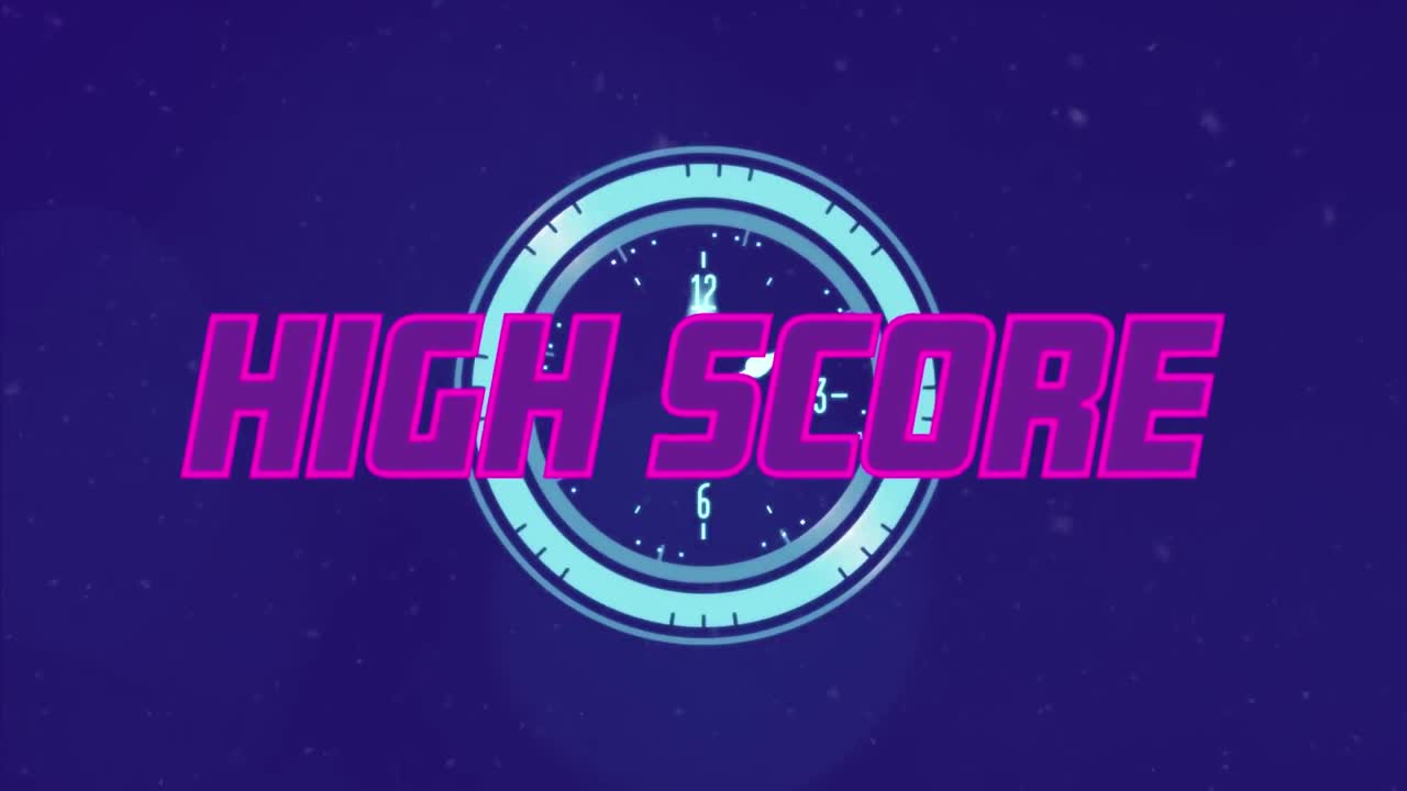Animation of high score text banner over ticking clock and spots of light on blue background