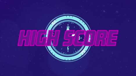 Animation-of-high-score-text-banner-over-ticking-clock-and-spots-of-light-on-blue-background