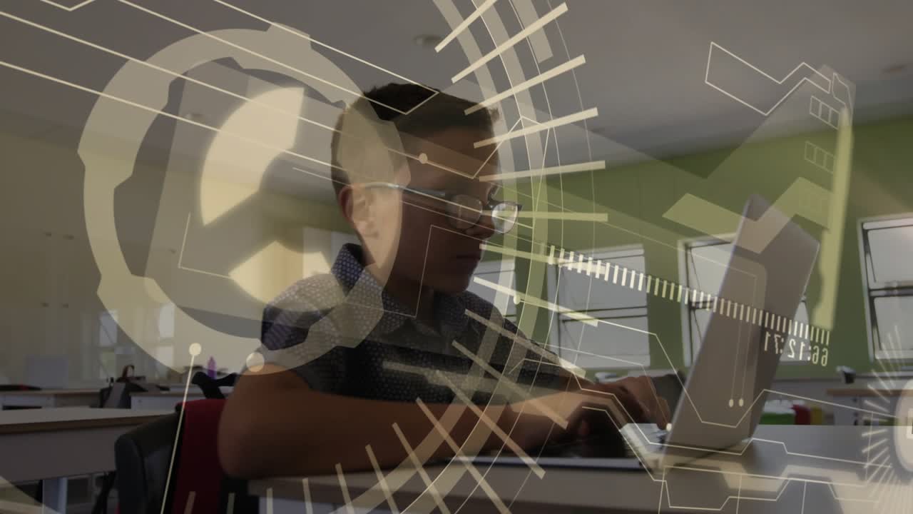 Student typing on laptop in classroom, HUD overlays appearing and mapping circuits for education