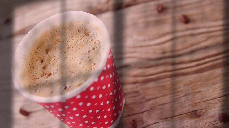 Movimento della telecamera che avvia una tazza a pois rossi che si allontana per rivelare la venatura del legno e l'increspatura della schiuma del caffè