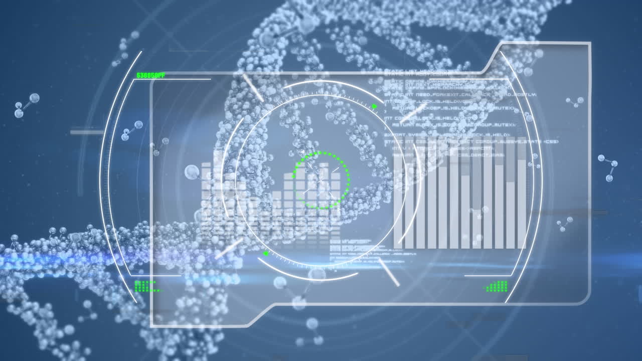 animación de fallas, moléculas y datos diversos sobre la cadena de adn en fondo azul