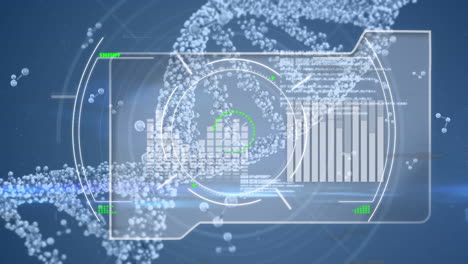 Animation of glitch, molecules and diverse data over dna chain on blue background
