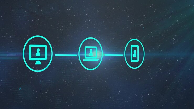 Left monitor appearing, icons drawing linking lines, changing to user icons representing network