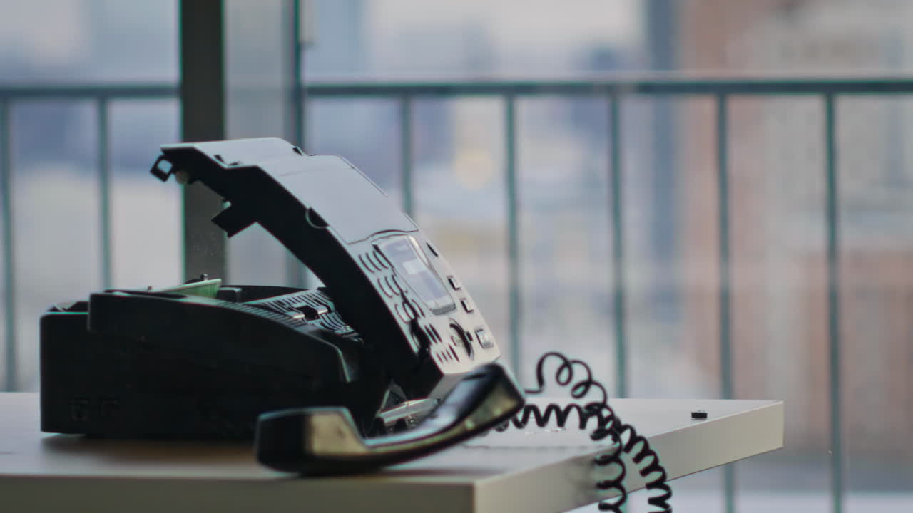 Baseball bat strikes telephone in modern large window high-rise office closeup