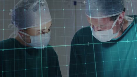 animation of lines over diverse surgeons at operating theatre
