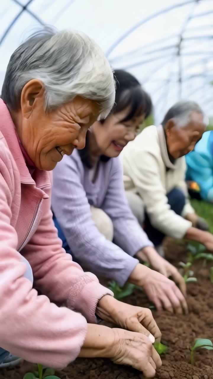 Three elderly women are working in a greenhouse, planting seeds