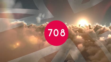 Animation-of-counter-numbers-over-clouds-and-flag-of-united-kingdom