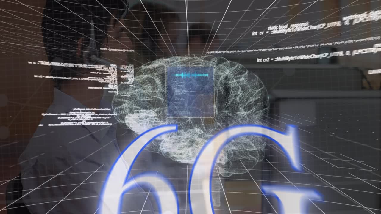 Animation of digital interface and lines over caucasian men using headphone set