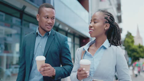 Café,-Aplausos-Y-Un-Equipo-De-Negocios-Negro-Caminando