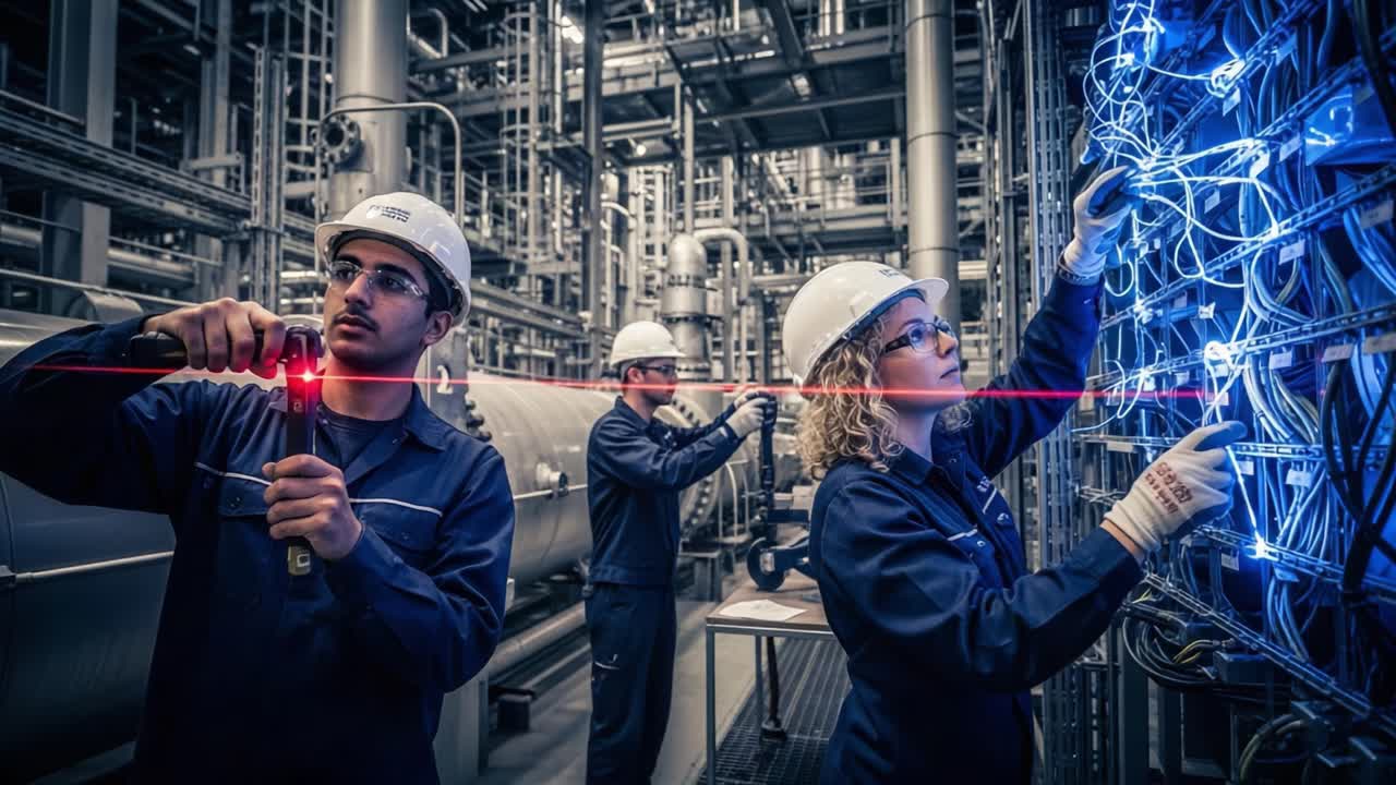 Team of Skilled Technicians Engaged in Complex Electrical Work Amidst Advanced Industrial Machinery, Ensuring Optimal Functionality and Safety in a High-Tech Environment