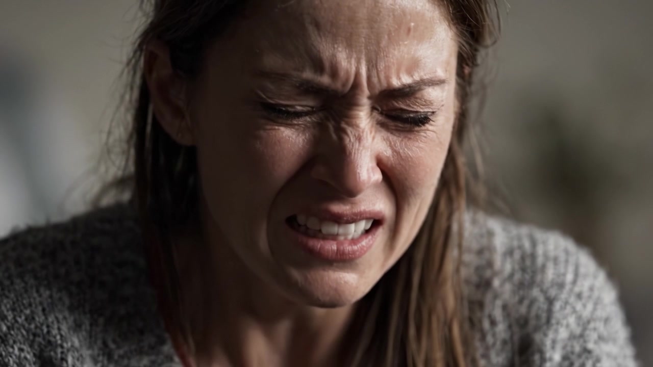 A deeply emotional scene depicting a woman in distress, grappling with her feelings as her expression conveys a mix of sadness and anxiety, encapsulating the rawness of her inner turmoil.