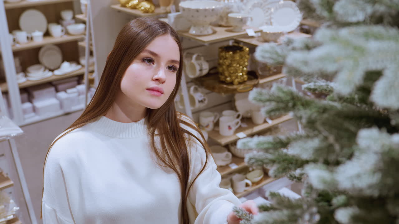Aerial view of elegant lady gently touching decorative plant while observing it warmly in home decor store, surrounded by beautiful utensils and well-organized items in background
