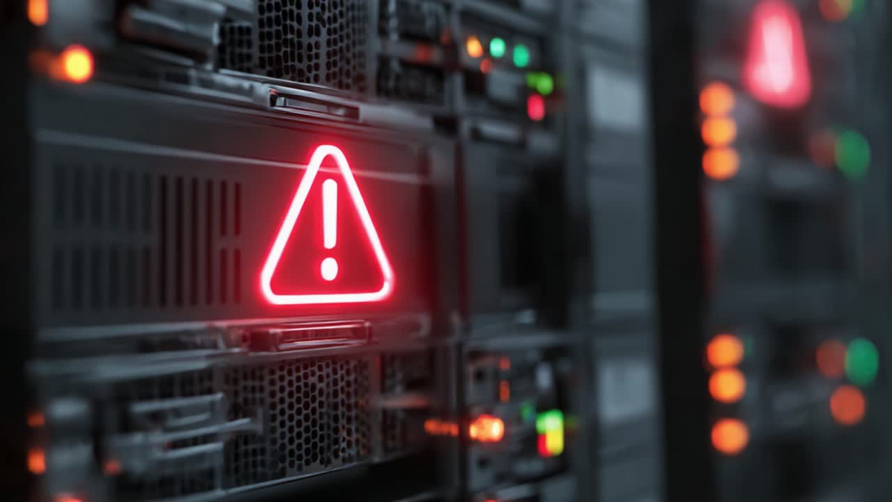 Warning Alert on Server Rack: A Close-Up View of an Illuminated Warning Signal Indicating Malfunction or Error Alert System in a High-Tech Server Environment