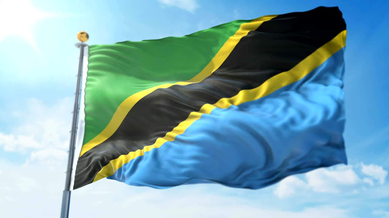 Video di rendering 3D in loop continuo della bandiera della Tanzania. Bellissimo tessuto in stoffa che sventola in loop