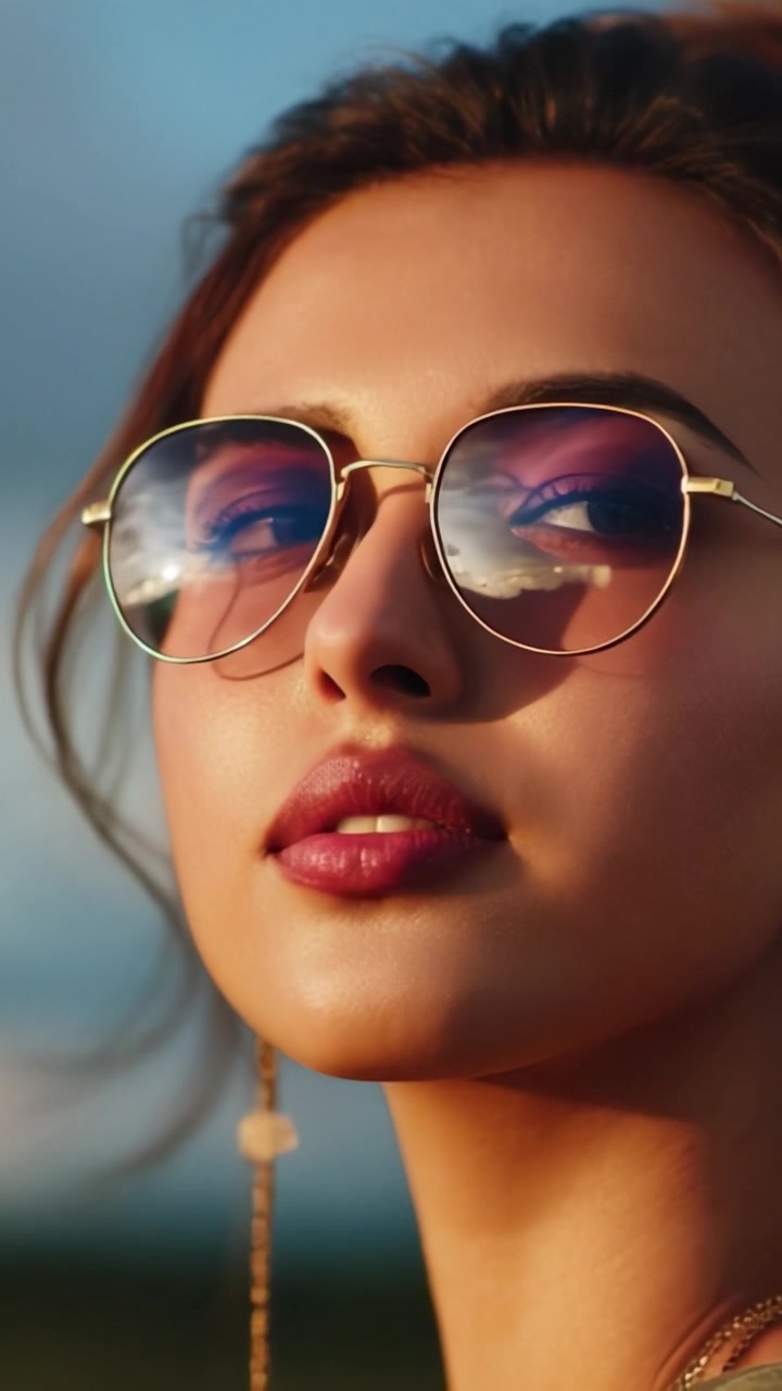A Striking Portrait of a Woman in Stylish Sunglasses with a Stunning Background, Capturing Beauty and Elegance in a Vibrant Outdoors Setting