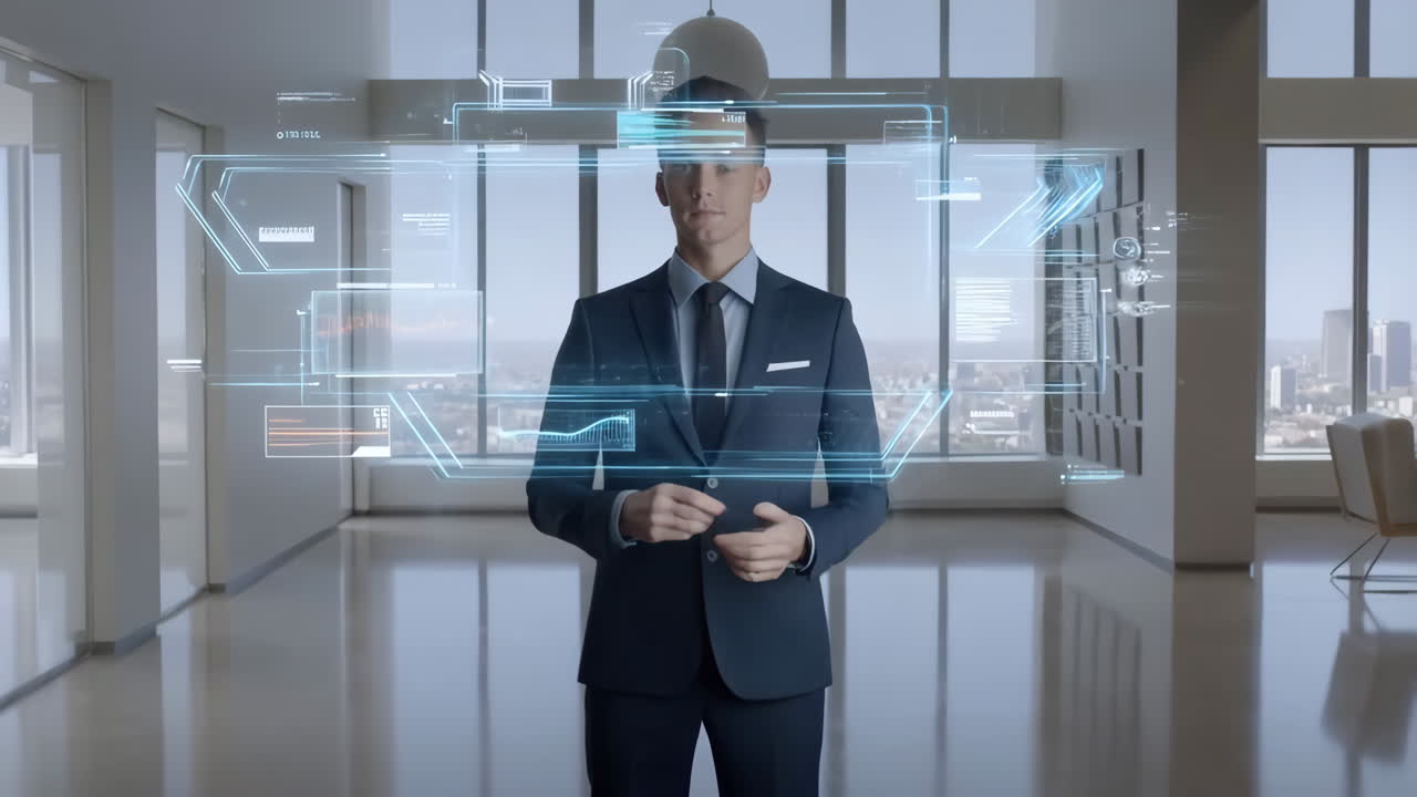 Businessman Engages with Futuristic Holographic Interface in Modern Office
