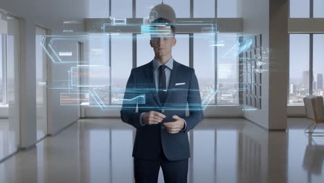 businessman engages with futuristic holographic interface in modern office