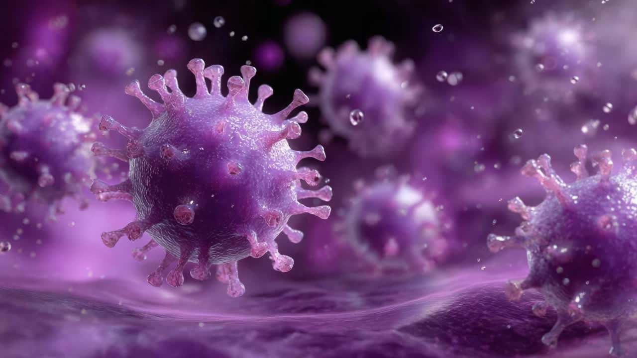 Intricate Visualization of Viral Particles: Observing the Stunning Detail and Structure of Microorganisms in a Vibrant Purple Environment