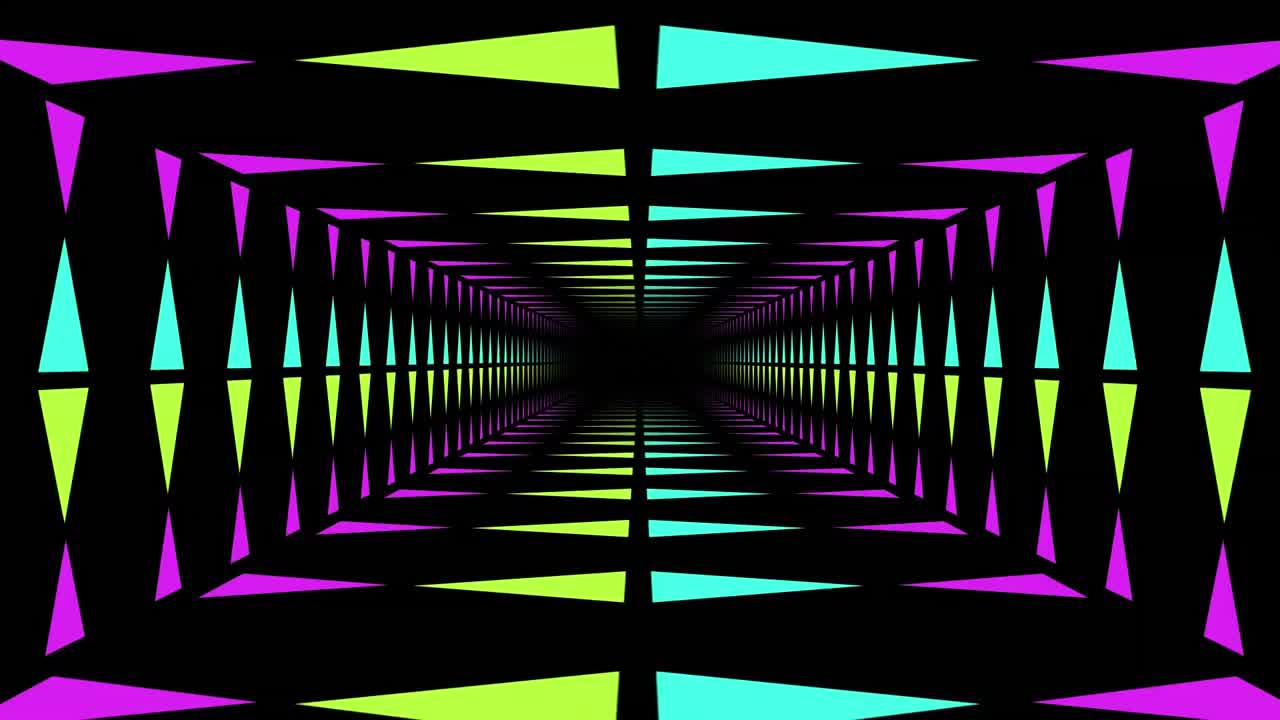 Colourful lightning flashes and moving neon lit tunnel