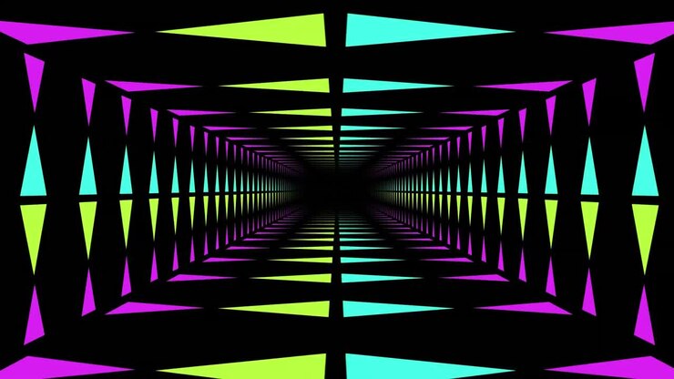 Barevné záblesky blesků a pohybující se neonově osvětlený tunel