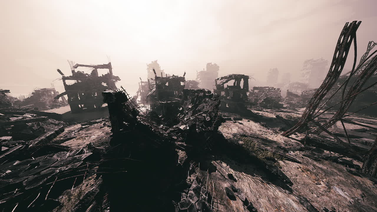 Paesaggio desolato di un'area urbana distrutta durante una giornata nebbiosa.